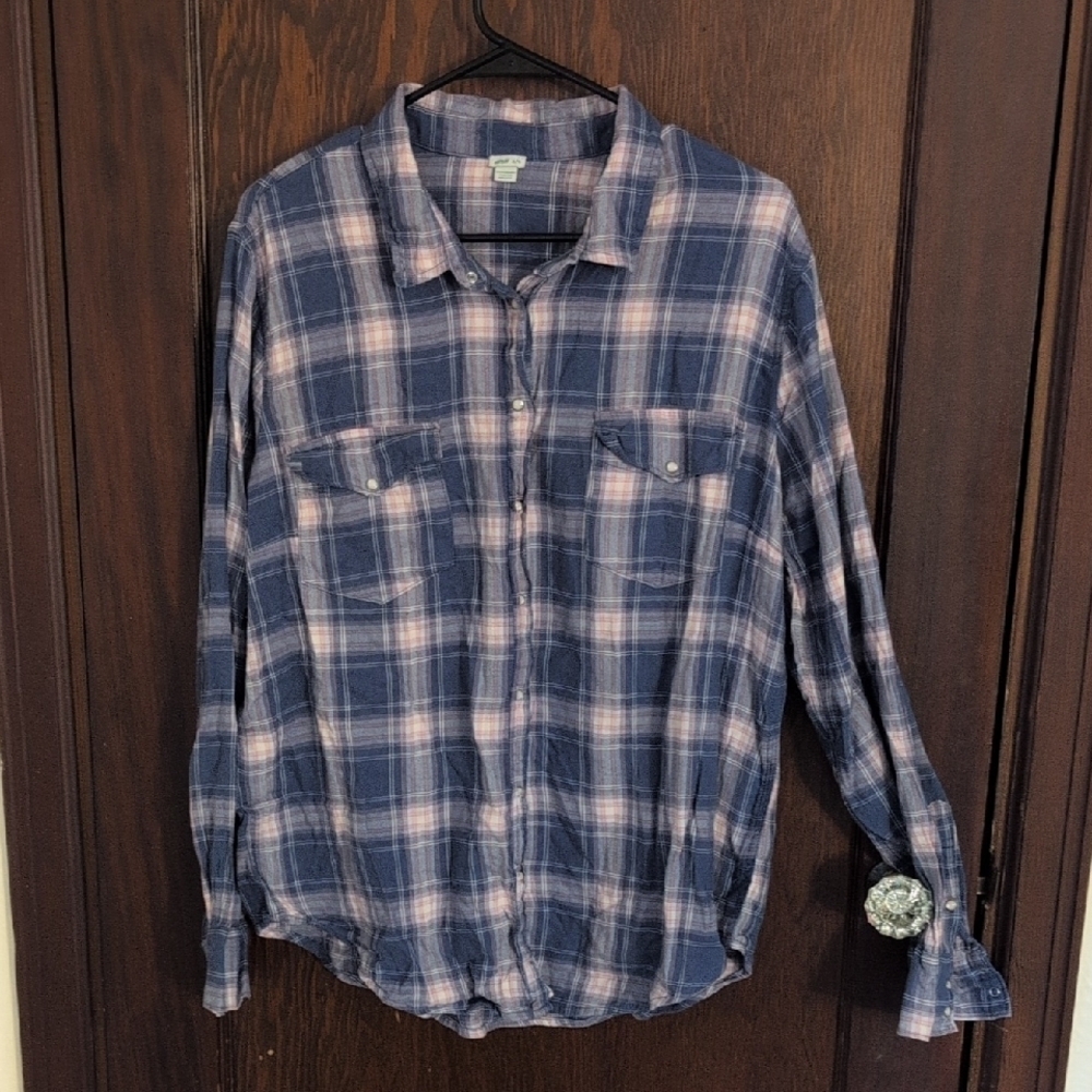 Aerie Blue & Pink Plaid Long Sleeve Button Down Shirt Size XL